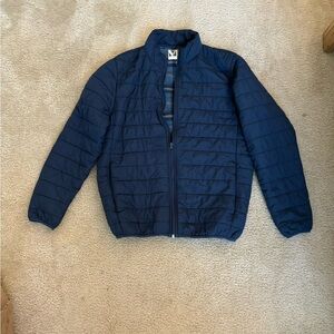 Voyager navy blue down puffy jacket with plaid fleece lining